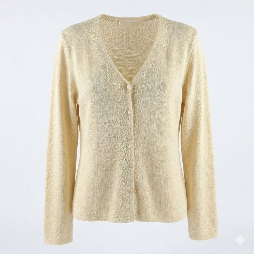 Villager Off White Knit Sequin Cardigan Sweater Size M Holiday Grandma Old Money